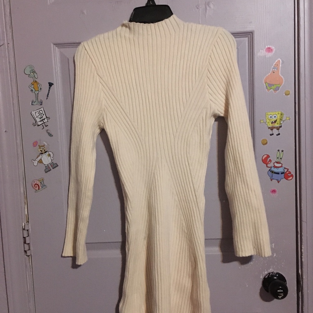 Saodimallsu Cream Ribbed Knit Turtleneck Sweater Dress Long Sleeve